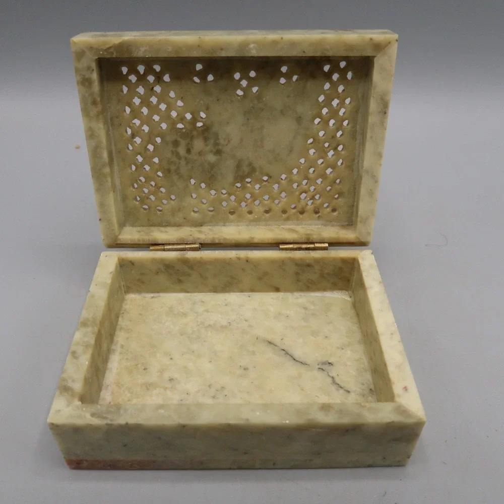 Vintage Hand Carved Elephant Soap Stone Marble Trinket Jewelry Box Hinged Lid